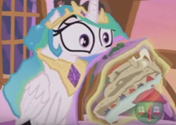 Size: 1513x1075 | Tagged: dead source, safe, edit, edited screencap, imported from derpibooru, screencap, princess celestia, alicorn, pony, a royal problem, content-aware scale, faic, female, food, funny, funny as hell, majestic as fuck, mare, pancakes, solo