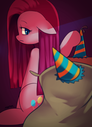 Size: 1159x1600 | Tagged: safe, artist:maren, imported from derpibooru, madame leflour, pinkie pie, pony, hat, party hat, pinkamena diane pie, sad, sitting