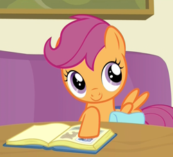 Size: 1126x1024 | Tagged: safe, imported from derpibooru, screencap, scootaloo, pegasus, pony, parental glideance, book, cropped, cute, cutealoo, female, filly, raised hoof, saddle bag, scrapbook, smiling, solo, spread wings, wings