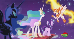 Size: 1366x727 | Tagged: safe, imported from derpibooru, screencap, daybreaker, nightmare moon, princess celestia, starlight glimmer, alicorn, pony, unicorn, a royal problem, season 7, armor, carpet, colored eyelashes, corrupted, crown, dream walker celestia, duality, ethereal hair, ethereal mane, ethereal tail, evil, eyeshadow, female, fiery hair, fiery mane, fiery tail, flying, folded wings, helmet, hoof shoes, horn, jewelry, makeup, mane of fire, mare, night, peytral, raised hoof, regalia, self paradox, self ponidox, sky, slit pupils, spread wings, starry hair, starry mane, starry tail, stars, tail, treehouse logo, wing armor, wings