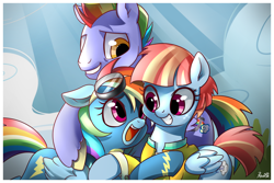 Size: 1772x1181 | Tagged: dead source, safe, artist:renokim, imported from derpibooru, bow hothoof, rainbow dash, windy whistles, pegasus, pony, backwards cutie mark, clothes, cute, dashabetes, family, father and daughter, female, floppy ears, goggles, group hug, hug, male, mare, mother and daughter, open mouth, rainbow dash's parents, smiling, stallion, that was fast, uniform, windybetes, windyhoof, wonderbolts uniform