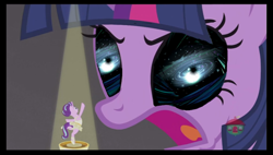 Size: 821x467 | Tagged: safe, edit, edited screencap, imported from derpibooru, screencap, starlight glimmer, twilight sparkle, alicorn, pony, unicorn, a royal problem, ballerina, black hole, clothes, cute, dancing, dress, eye, eyes, female, galaxy, glimmerbetes, glimmerina, implied tail hole, mare, music box, open mouth, skirt, tutu, twilight sparkle (alicorn), twilight's eyes meme, upskirt, wat, yu-gi-oh!