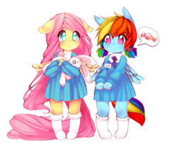 Size: 708x600 | Tagged: safe, artist:tolsticot, imported from derpibooru, fluttershy, rainbow dash, anthro, pegasus, candy, clothes, colored pupils, cute, dashabetes, dress, duo, female, floppy ears, food, hnnng, mare, pigtails, plushie, shyabetes, simple background, socks, speech bubble, thought bubble, transparent background