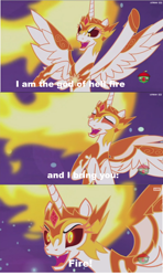 Size: 1920x3240 | Tagged: safe, edit, edited screencap, imported from derpibooru, screencap, daybreaker, a royal problem, arthur brown, exploitable meme, female, fire (song), lyrics, mane of fire, meme, screencap comic, solo, song reference, text