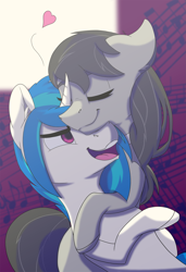 Size: 2137x3123 | Tagged: safe, artist:lula-moonarts, imported from derpibooru, dj pon-3, octavia melody, vinyl scratch, earth pony, pony, unicorn, eyes closed, female, heart, hug, lesbian, mare, open mouth, scratchtavia, shipping, smiling