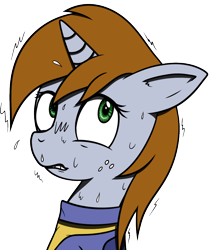 Size: 820x968 | Tagged: safe, artist:wellfugzee, derpibooru exclusive, imported from derpibooru, oc, oc only, oc:littlepip, pony, unicorn, fallout equestria, bust, clothes, fanfic, fanfic art, female, freckles, horn, jumpsuit, mare, portrait, simple background, solo, sweat, teeth, transparent background, uncomfortable, vault suit