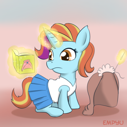 Size: 1000x1000 | Tagged: safe, artist:empyu, imported from derpibooru, sassy saddles, pony, unicorn, 30 minute art challenge, book, clothes, cute, female, filly, glowing horn, magic, mare, reading, sewing, sewing needle, simple background, solo, younger