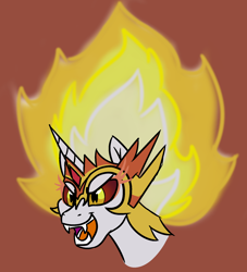 Size: 1796x1979 | Tagged: safe, artist:jen-neigh, imported from derpibooru, daybreaker, pony, a royal problem, bust, fangs, female, mane of fire, red background, simple background, solo