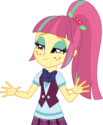 Size: 3000x3618 | Tagged: safe, artist:aqua-pony, imported from derpibooru, sour sweet, equestria girls, bowtie, clothes, crystal prep academy uniform, female, freckles, lidded eyes, school uniform, simple background, smiling, solo, transparent background, vector