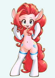 Size: 1447x2039 | Tagged: safe, artist:unousaya, imported from derpibooru, pinkie pie, pony, semi-anthro, :d, arm hooves, big hair, bipedal, both cutie marks, clothes, cute, diapinkes, donkey ears, female, happy, human facial structure, long ears, looking at you, mare, raised arm, simple background, smiling, socks, solo, thigh highs