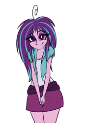 Size: 616x889 | Tagged: safe, artist:mayde-m, imported from derpibooru, aria blaze, equestria girls, alternate hairstyle, ariabetes, belt, clothes, cute, female, looking at you, loose hair, moe, simple background, skirt, smiling, solo, white background