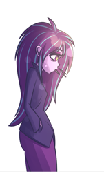 Size: 539x892 | Tagged: safe, artist:mayde-m, imported from derpibooru, aria blaze, equestria girls, alternate hairstyle, cigarette, clothes, female, hand in pocket, hands in pockets, long hair, loose hair, simple background, smoking, solo, white background