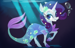 Size: 1096x712 | Tagged: safe, artist:janegumball, imported from derpibooru, rarity, mermaid, pony, unicorn, bubble, clothes, costume, crepuscular rays, dress, female, grin, mare, mermarity, nightmare night costume, raised hoof, rarity's mermaid dress, smiling, solo, underwater