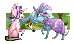 Size: 1024x613 | Tagged: safe, artist:duchesslummina, imported from derpibooru, starlight glimmer, trixie, pony, unicorn, bouquet, female, flower, lesbian, mare, shipping, startrix