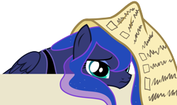 Size: 3000x1772 | Tagged: safe, artist:askometa, imported from derpibooru, princess luna, alicorn, pony, a royal problem, cute, female, list, luna is not amused, lunabetes, mare, sad, sadorable, scroll, simple background, solo, transparent background, unamused, vector