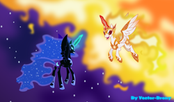 Size: 7944x4666 | Tagged: safe, artist:vector-brony, imported from derpibooru, daybreaker, nightmare moon, alicorn, pony, a royal problem, absurd resolution, duo, evil, female, magic, mare, sisters, smiling