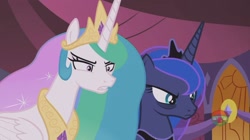 Size: 1919x1075 | Tagged: safe, imported from derpibooru, screencap, princess celestia, princess luna, alicorn, pony, a royal problem, angry, bags under eyes, female, glare, mare, unamused, you dun goofed