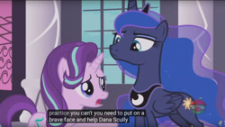 Size: 960x540 | Tagged: safe, imported from derpibooru, screencap, princess luna, starlight glimmer, pony, a royal problem, crossover, dana scully, meme, x-files, youtube caption