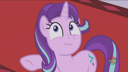 Size: 1366x768 | Tagged: safe, imported from derpibooru, screencap, starlight glimmer, pony, unicorn, a royal problem, canterlot castle, carpet, expression, female, mare, oh crap, raised hoof, red carpet, solo, treehouse logo, wavy mouth