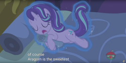 Size: 1920x970 | Tagged: safe, imported from derpibooru, screencap, starlight glimmer, pony, a royal problem, aragorn, cute, female, implied shipping, lord of the rings, meme, sleeping, solo, youtube caption