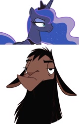 Size: 500x781 | Tagged: safe, imported from derpibooru, princess luna, alicorn, llama, pony, a royal problem, kuzco, simple background, the emperor's new groove, unamused, white background