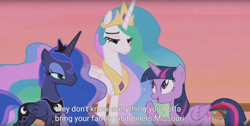 Size: 1920x970 | Tagged: safe, imported from derpibooru, screencap, princess celestia, princess luna, twilight sparkle, alicorn, pony, a royal problem, female, mare, meme, missouri, twilight sparkle (alicorn), youtube caption