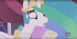 Size: 1920x970 | Tagged: safe, imported from derpibooru, screencap, princess celestia, alicorn, pony, a royal problem, female, implied lesbian, mare, meme, solo, youtube caption