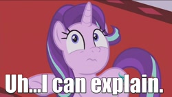 Size: 1366x768 | Tagged: safe, imported from derpibooru, screencap, starlight glimmer, pony, unicorn, a royal problem, 3:, canterlot castle, carpet, expression, female, frown, i can explain, image macro, looking at you, mare, meme, oops, prehibernation week, raised hoof, red carpet, solo, spongebob squarepants, treehouse logo, uhh i can explain, underhoof, wide eyes