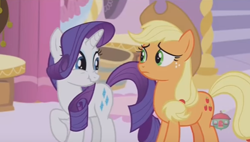 Size: 1162x660 | Tagged: safe, imported from derpibooru, screencap, applejack, rarity, pony, honest apple, scrunchy face