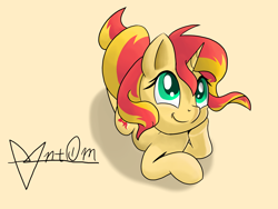 Size: 4000x3000 | Tagged: safe, artist:theunconsistentone, imported from derpibooru, sunset shimmer, pony, unicorn, female, prone, simple background, smiling, solo