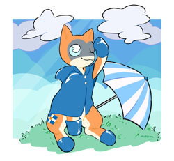 Size: 1300x1200 | Tagged: safe, artist:morgana, imported from derpibooru, oc, oc only, oc:kiva, original species, pony, robot, robot pony, booties, clothes, cute, female, raincoat, smiling, solo, umbrella