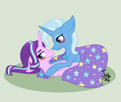 Size: 1024x861 | Tagged: safe, artist:jaythecatlover, imported from derpibooru, starlight glimmer, trixie, pony, unicorn, blushing, clothes, female, green background, lesbian, mare, shared clothing, shipping, simple background, startrix, tsundere