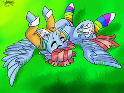 Size: 1600x1200 | Tagged: safe, artist:brainiac, imported from derpibooru, windy whistles, pegasus, pony, clothes, cute, eyes closed, female, floppy ears, freckles, grass, mare, mom, on back, rainbow socks, socks, solo, striped socks, sun bathing, windybetes