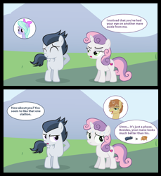 Size: 2428x2656 | Tagged: safe, artist:lunaticdawn, edit, imported from derpibooru, feather bangs, flitter, rumble, sweetie belle, pony, hard to say anything, :t, colt, comic, eyes closed, female, filly, flitterumble, jealous, male, rumbelle, shipping, straight, straight shota, sweetiebangs, vector