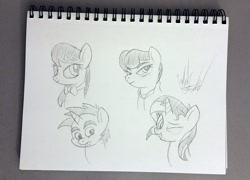 Size: 1300x935 | Tagged: safe, artist:fuzon-s, imported from derpibooru, octavia melody, snips, sunset shimmer, pony, asako kishi, bust, iron chef, one eye closed, pencil drawing, ponified, request, sketch, traditional art, wink