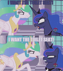 Size: 1280x1440 | Tagged: safe, edit, edited screencap, imported from derpibooru, screencap, princess celestia, princess luna, alicorn, pony, a royal problem, bags under eyes, female, image macro, mare, meme, screencap comic, toilet seat, two stupid dogs