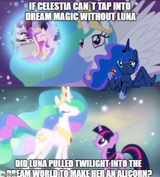 Size: 500x550 | Tagged: safe, edit, edited screencap, imported from derpibooru, screencap, princess celestia, princess luna, twilight sparkle, alicorn, pony, unicorn, a royal problem, magical mystery cure, ascension realm, dream walker celestia, engrish, female, mare, princess celestia's special princess making dimension, unicorn twilight