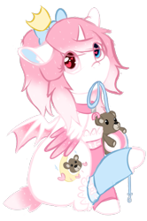 Size: 677x1020 | Tagged: safe, artist:otpl, artist:pastel-pony-princess, imported from derpibooru, teddy, oc, oc only, oc:dream star, oc:dreamy stars, pony, bow, collar, colored wings, colored wingtips, floating crown, floppy ears, hair bow, heart eyes, heterochromia, mouth hold, short tail, simple background, sitting, solo, sparkly mane, teddy bear, transparent background, warmers, wingding eyes