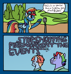 Size: 1945x2010 | Tagged: safe, artist:oneovertwo, imported from derpibooru, bow hothoof, rainbow dash, windy whistles, pony, clothes, comic, rainbow dash's parents, sky writing, skywriting, uniform, windyhoof, wonderbolts uniform