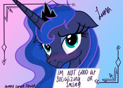 Size: 4823x3445 | Tagged: safe, artist:darkest-lunar-flower, imported from derpibooru, princess luna, alicorn, pony, a royal problem, absurd resolution, adorkable, anxiety, blushing, bronybait, bust, cute, dork, embarrassed, female, floppy ears, frown, gradient background, headcanon, lidded eyes, looking at you, lunabetes, mare, messy mane, neurodivergent, neurodivergent headcanon, pony shaming, portrait, sad, self deprecation, shaming, shy, sign, social anxiety, solo