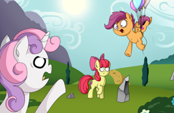 Size: 3900x2550 | Tagged: safe, artist:zsparkonequus, imported from derpibooru, apple bloom, scootaloo, sweetie belle, pony, parental glideance, balloon, cutie mark crusaders, female, filly, floating, mare, mountain, sun, this will end in tears and/or death, trio