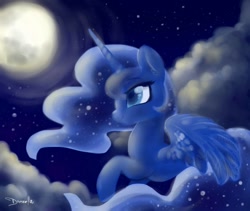 Size: 900x761 | Tagged: safe, artist:dressella, imported from derpibooru, princess luna, alicorn, pony, cute, darkness, female, flying, horn, mare, moon, moonlight, night, princess, sky, smiling, solo, stars, wings