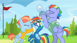 Size: 1920x1080 | Tagged: safe, imported from derpibooru, screencap, bow hothoof, rainbow dash, windy whistles, pony, parental glideance, noogie, rainbow dash's parents, windyhoof