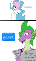 Size: 1200x2000 | Tagged: safe, artist:moonakart13, artist:moonaknight13, imported from derpibooru, princess celestia, spike, alicorn, dragon, pony, adult, adult spike, clothes, female, freckles, mare, meme, newspaper, older, older spike, simple background, smiling, talk dirty to me, text, vulgar, white background