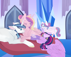 Size: 1024x824 | Tagged: safe, artist:uniquecolorchaos, imported from derpibooru, princess cadance, princess flurry heart, shining armor, twilight sparkle, oc, oc:crystal starlight, alicorn, pony, unicorn, auntie twilight, baby, baby pony, female, filly, foal, heart, male, mare, newborn, offspring, parent:princess cadance, parent:shining armor, parents:shiningcadance, prone, stallion, twilight sparkle (alicorn), watermark