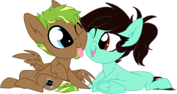 Size: 1024x546 | Tagged: safe, artist:kellythedrawinguni, imported from derpibooru, oc, oc only, earth pony, pegasus, pony, chibi, female, male, mare, one eye closed, simple background, stallion, tongue out, transparent background, underhoof