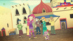 Size: 1600x900 | Tagged: safe, imported from derpibooru, screencap, carlos thunderbolt, orange sherbette, pinkie pie, spike, spike the regular dog, track starr, dog, equestria girls, movie magic, spoiler:eqg specials, background human, clothes, costume, dress, india movie set, kurta, teletoon, unnamed character, unnamed human