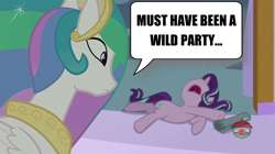 Size: 1277x717 | Tagged: safe, edit, edited screencap, imported from derpibooru, screencap, princess celestia, starlight glimmer, alicorn, pony, a royal problem, female, mare, sleepy starlight, speech bubble