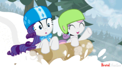Size: 640x360 | Tagged: dead source, safe, artist:brutalweather studio, imported from derpibooru, rarity, sweetie belle, pony, unicorn, forever filly, animated, duo, female, filly, forest, gif, helmet, mare, perfect loop, scenery, show accurate, siblings, sisters, sled, sledding, snow, watermark, winter