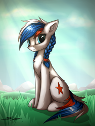 Size: 900x1200 | Tagged: safe, artist:setharu, imported from derpibooru, oc, oc only, oc:marussia, pony, looking at you, nation ponies, ponified, russia, scenery, sitting, solo